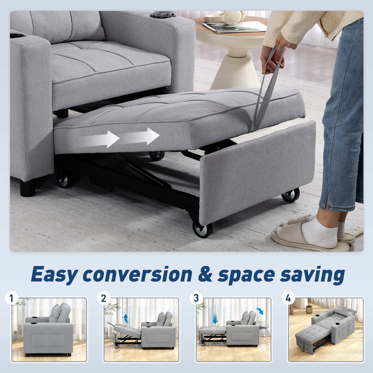 HOMCOM 3 In 1 Sofa Bed Convertible Sleeper Chair Bed With Soft Upholstery And Light Grey