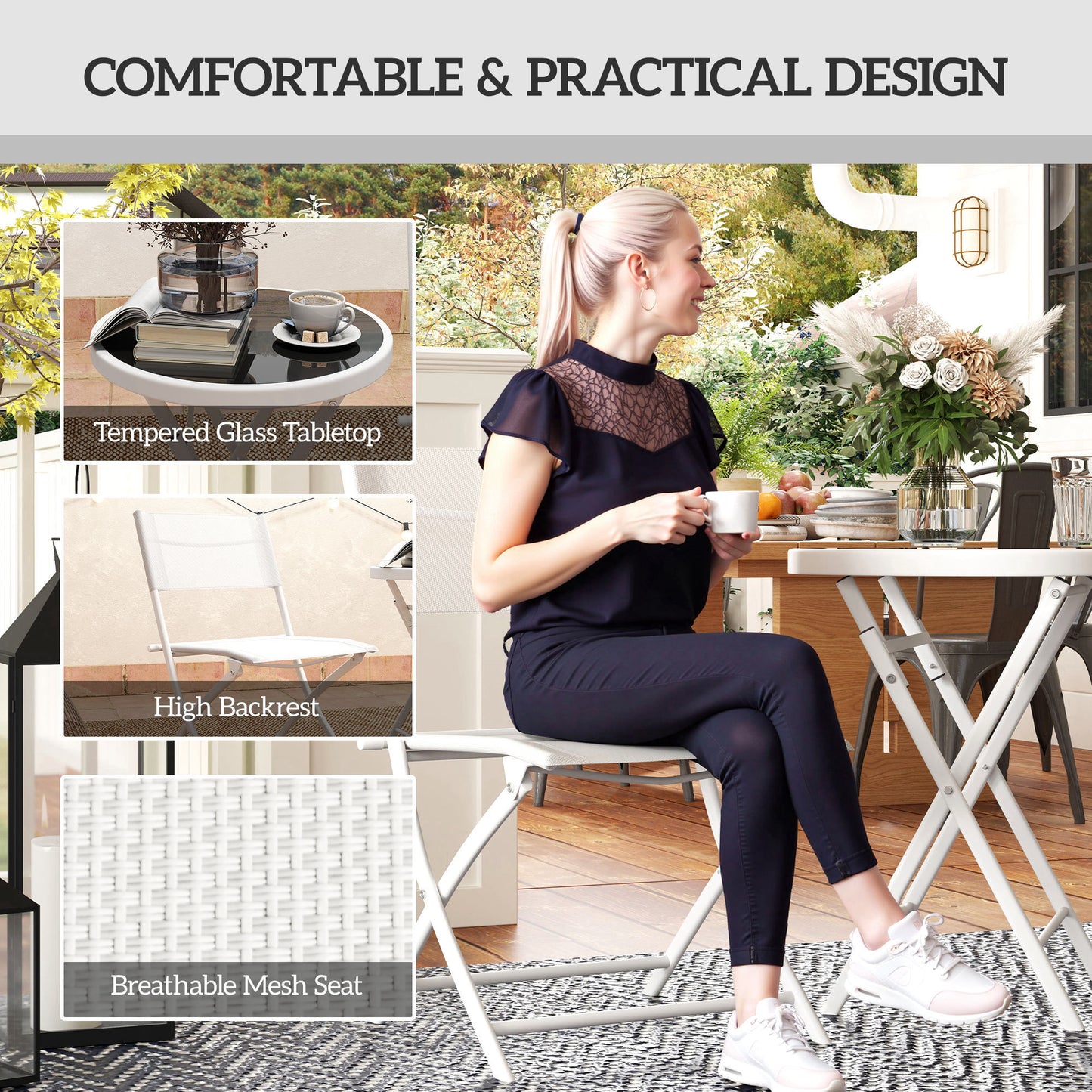Outsunny 3 Piece Outdoor Bistro Set With Glass Top Outdoor Table And 2 Folding Chairs With Protecting Feet White