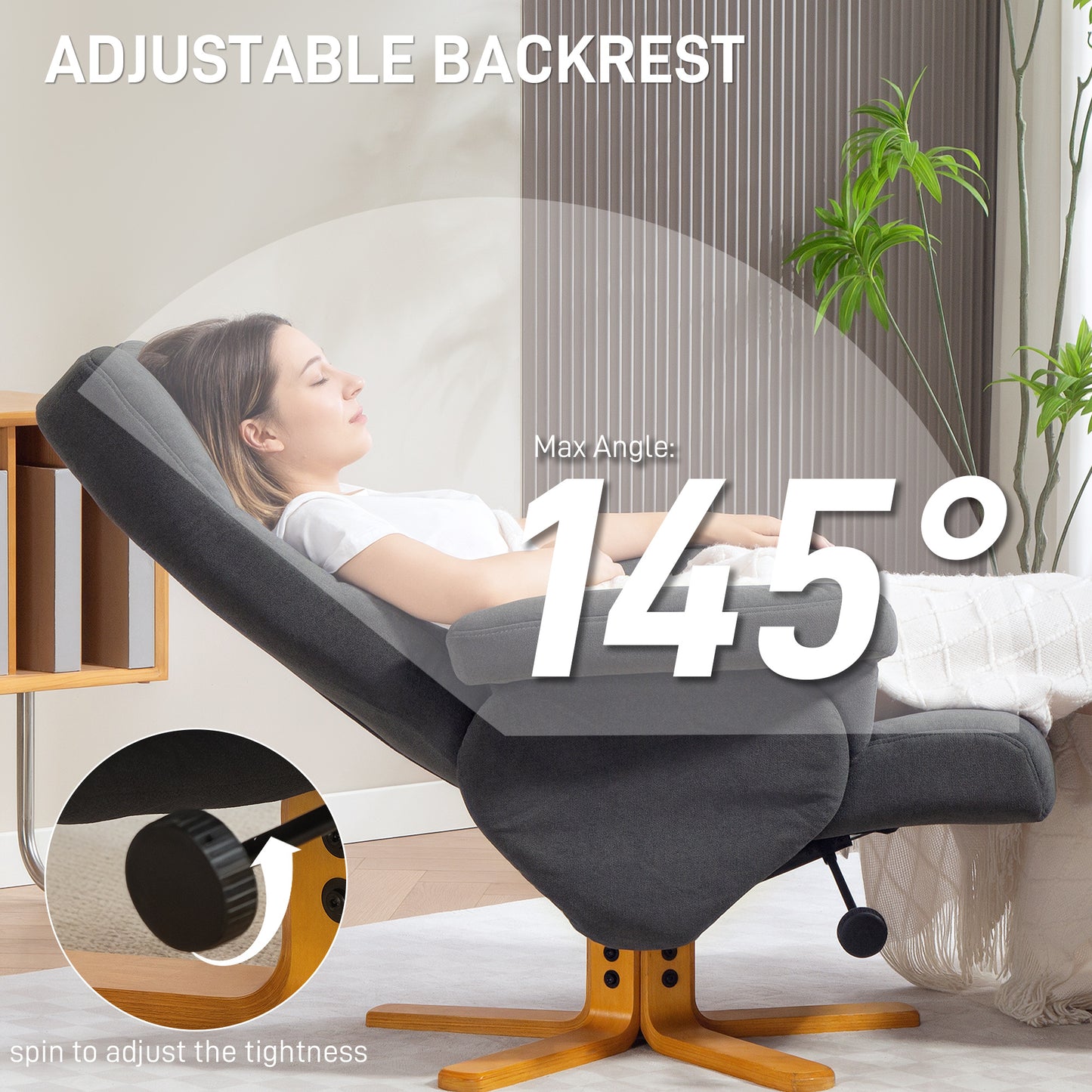 HOMCOM Linen Look Recliner With Hidden Storage Ottoman In Grey 145 Degree Recline And Wooden Base