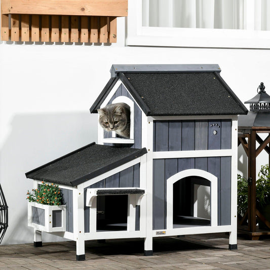PawHut Outdoor Wooden Cat House with Flower Pot and Water-resistant Roof - ALL4U RETAILER LTD