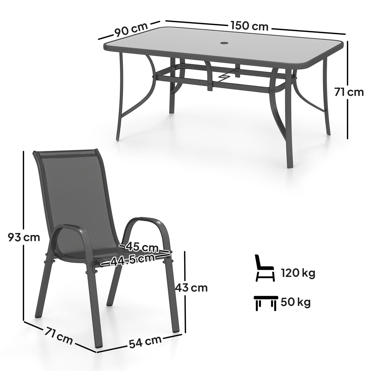 Outsunny Seven Piece Outdoor Dining Set Charcoal Grey With Round Glass Top Table Umbrella Hole Rust Resistant