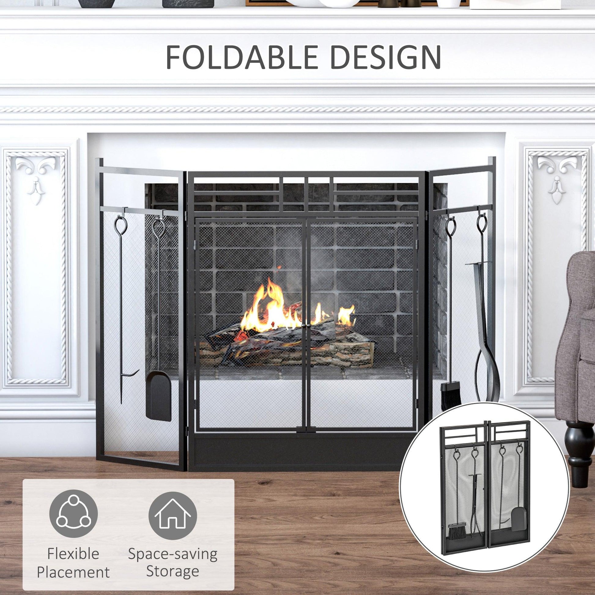 HOMCOM Black Steel Fireplace Screen with Double Door and Mesh Design - 122x80cm - ALL4U RETAILER LTD