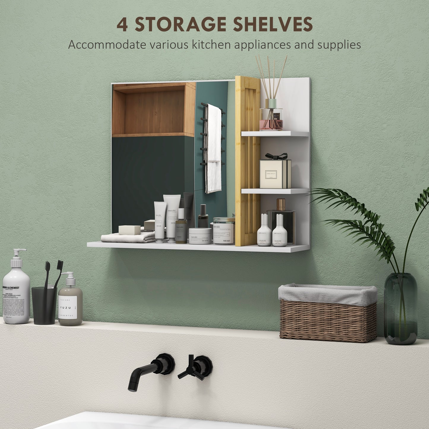 Homcom Bamboo Panel Bathroom Mirror With Shelves White Large Wall Mounted Storage Cabinet