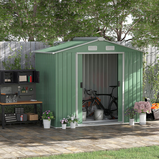 Outsunny 7ft x 4ft Lockable Garden Metal Storage Shed in Light Green - Patio Roofed Tool Storage Building for Outdoor Furniture - Large Foundation Sheds Box - ALL4U RETAILER LTD