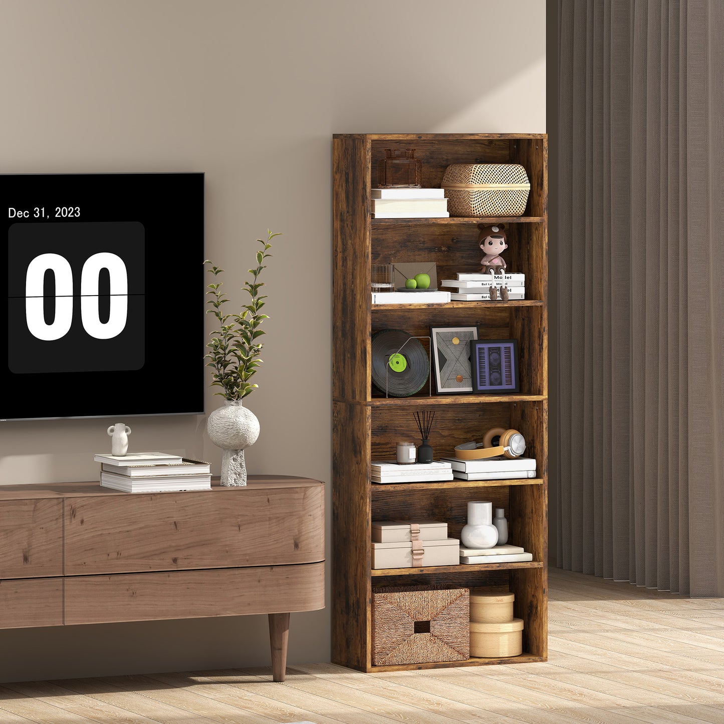 HOMCOM Six Shelf Bookcase Rustic Brown With Four Adjustable Shelves And Melamine Finish