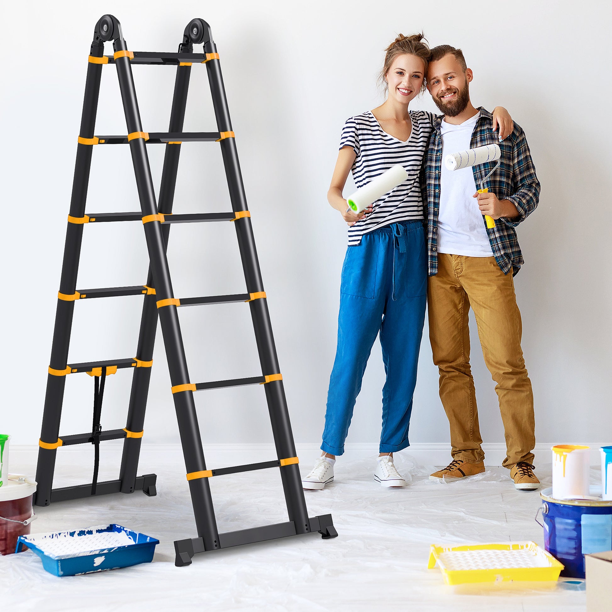 HOMCOM 3.8M Extendable Aluminium Ladder with Tool Holder - Herringbone Design, 12 Non-Slip Steps, Yellow - ALL4U RETAILER LTD