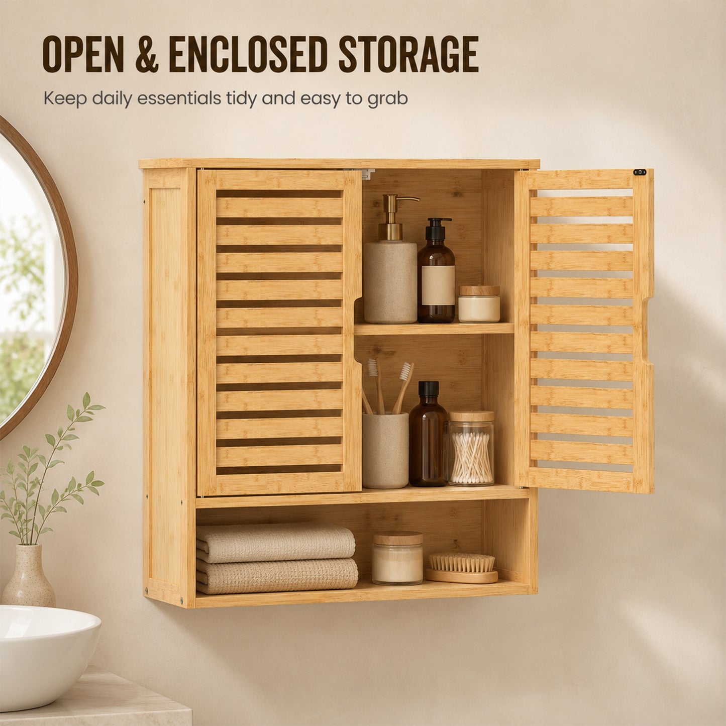 HOMCOM Bathroom Wall Cabinet Wall Mounted With 2 Louvered Doors Open Shelf And Adjustable Shelf Storage