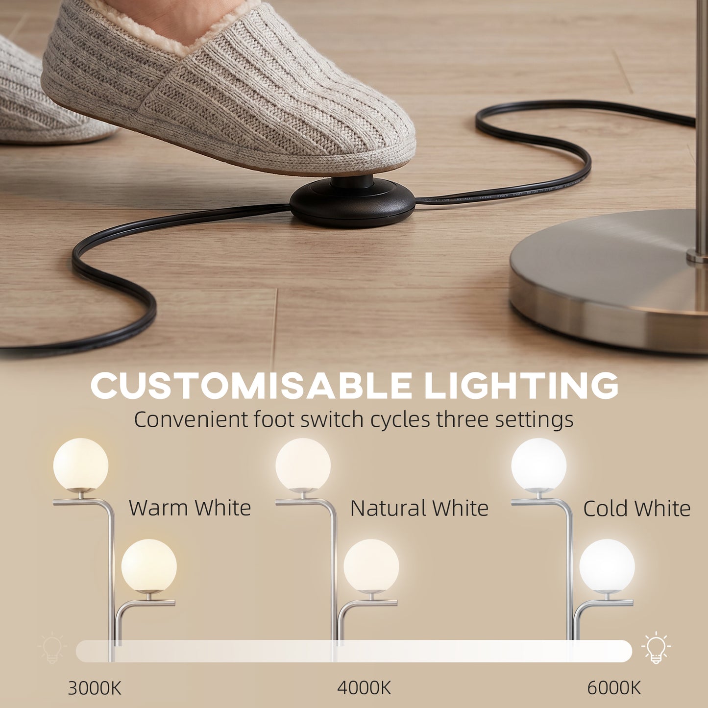 HOMCOM LED Floor Lamp Modern Standing Lamp With Three Color Temperatures Globe Glass Shades Foot Switch Silver Tone