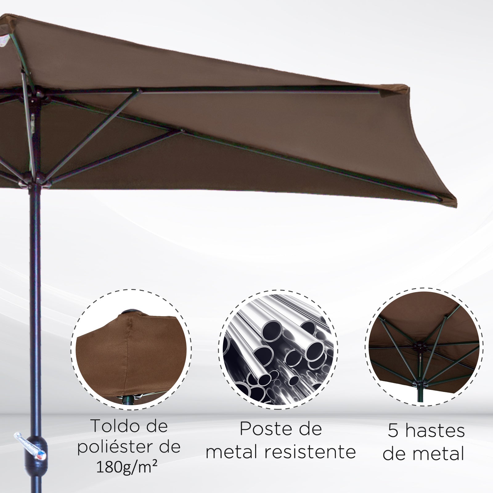 Outsunny 2.7m Compact Balcony Half Umbrella - Brown Garden Patio Shade with 5 Steel Ribs - ALL4U RETAILER LTD