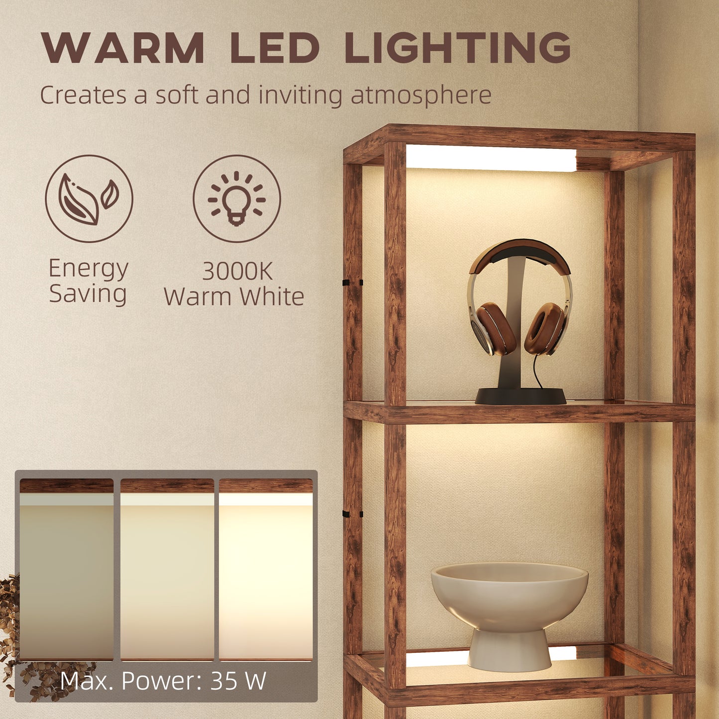 Homcom Four-Shelf Floor Lamp With Rustic Brown Finish Tempered Glass Shelves Warm White LEDs Three Brightness Levels