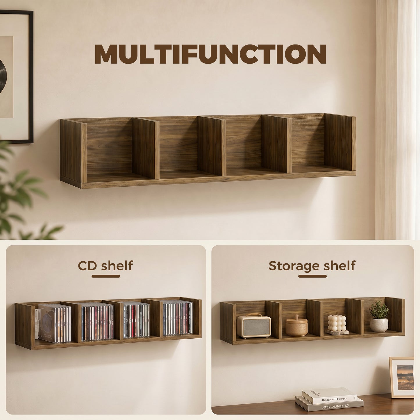 HOMCOM Wall Mount CD DVD Storage Rack Four Cubes Walnut Wood Shelf Organizer Unit