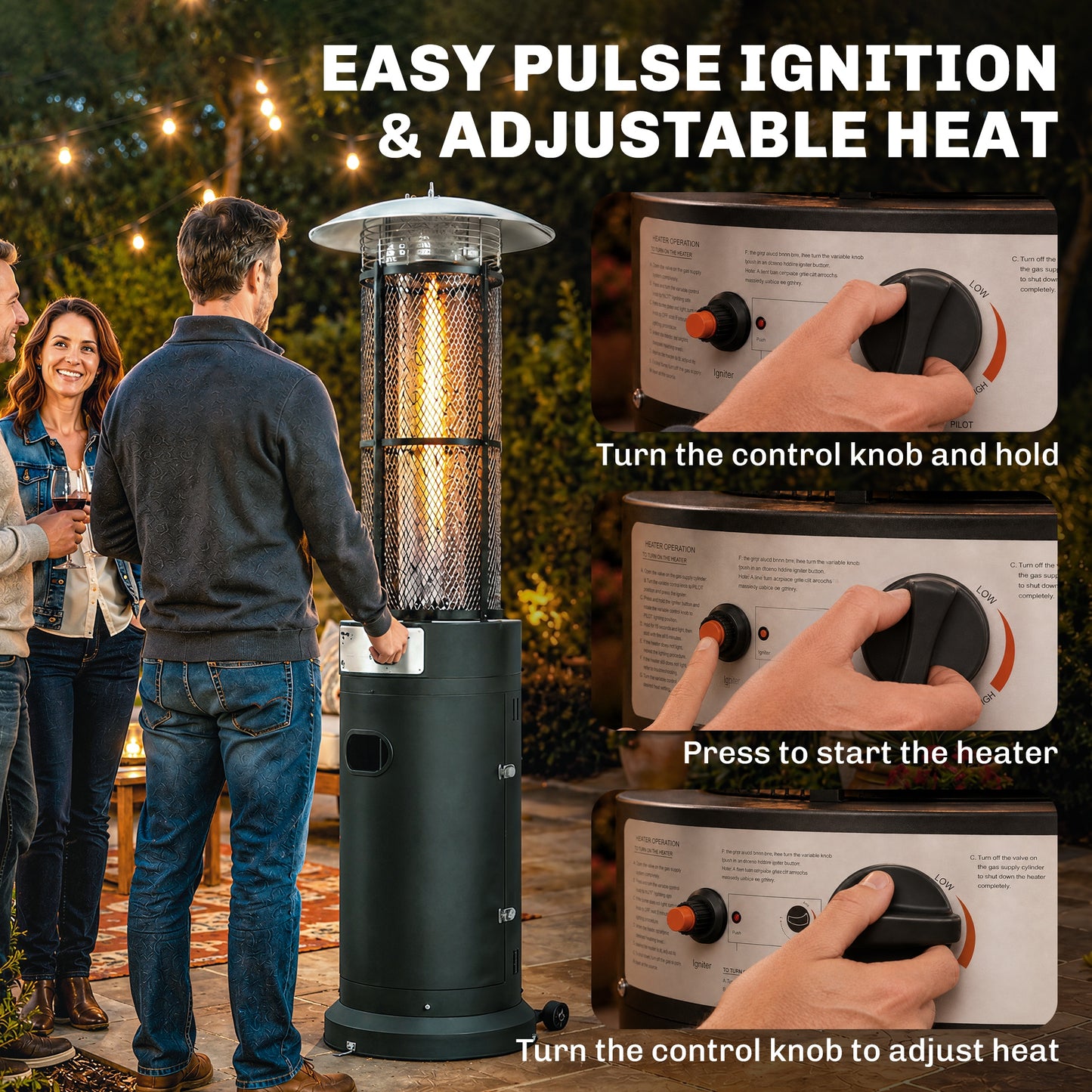 Outsunny 11 KW Freestanding Gas Patio Heater With Pulse Ignition Tip Over Switch Wheels Adjustable Heat Tank Room Black