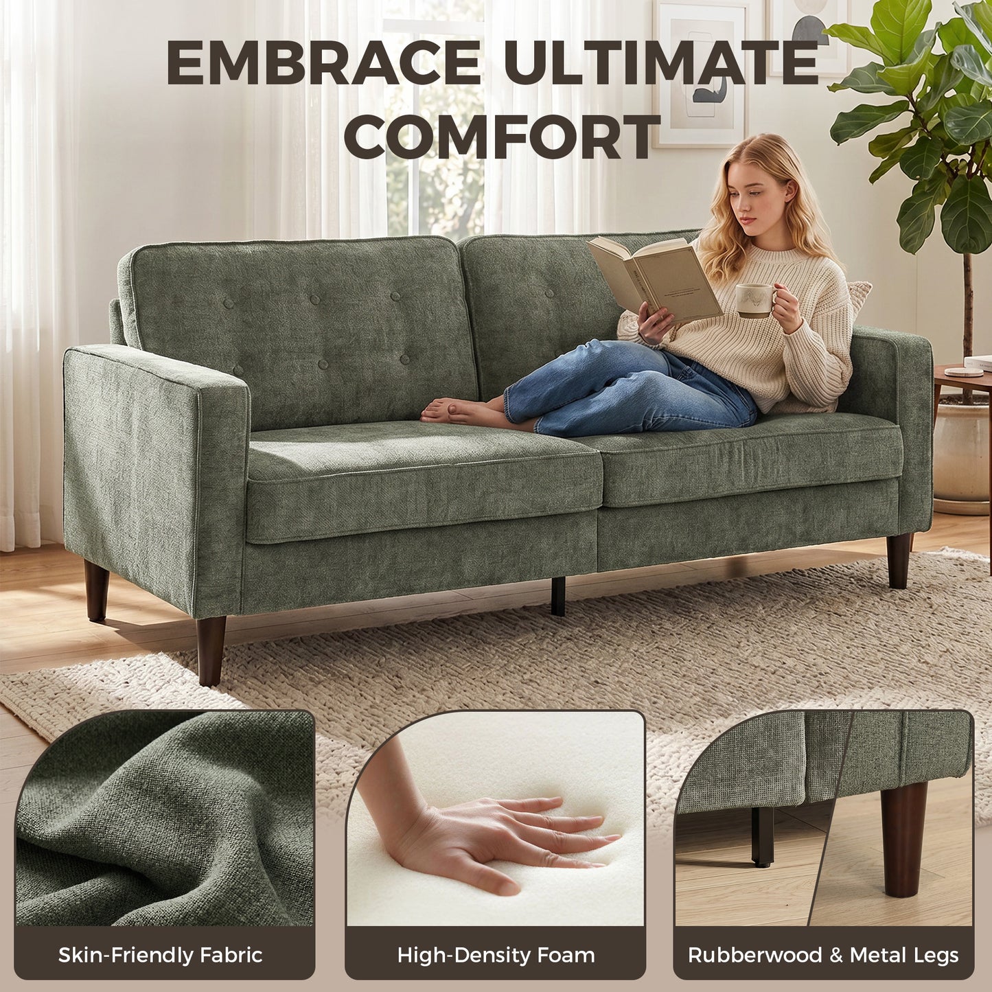 HOMCOM 3 Seater Sofa Button Tufted Velvet Couch With Wood Legs For Living Room Green