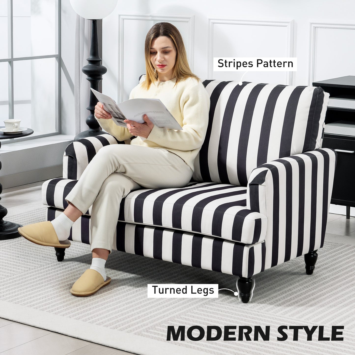 HOMCOM Modern Velvet Cuddle Chair With Stripe Armchair Turned Legs Wide Seat For Living Room And Bedroom Black And White