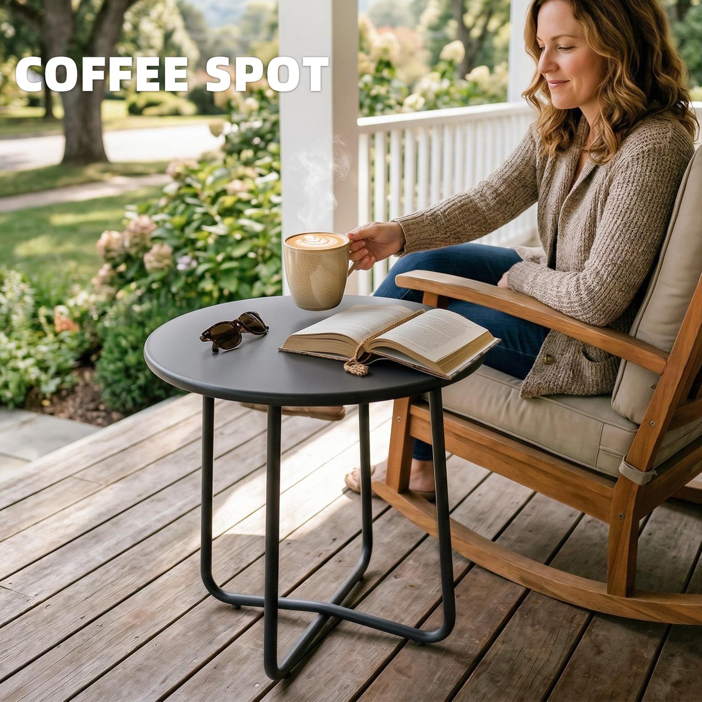 Outsunny 48 cm Round Garden Side Table With Rolled Edge Rust Resistant Metal Outdoor Table Dark Grey