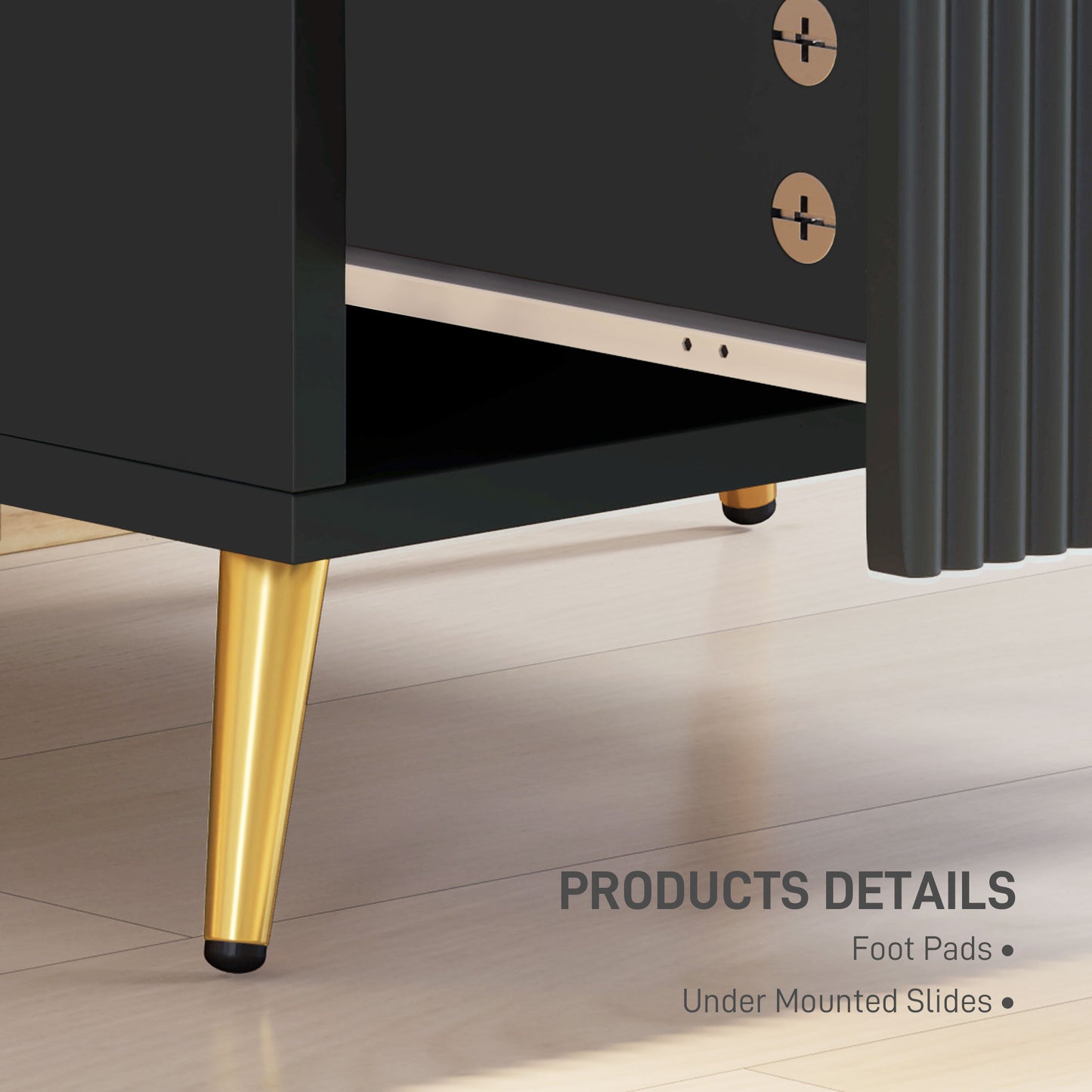 HOMCOM Black Two Drawer Bedside Table Nightstand With Ridged Fronts And Gold Handles