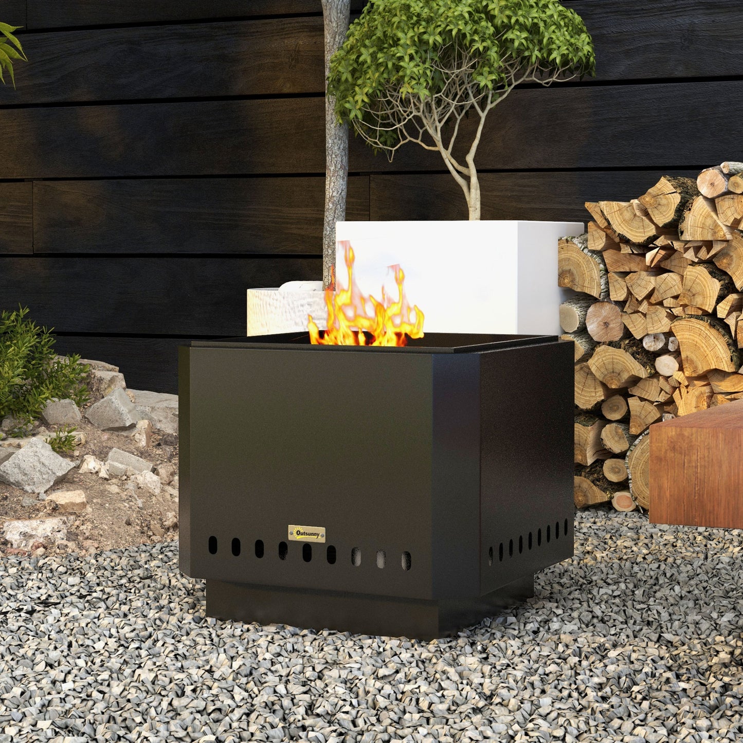 Outsunny Smokeless Fire Pit 48 Cm Portable Wood Burning Fire Pit Square Metal Bonfire Stove With Poker Black