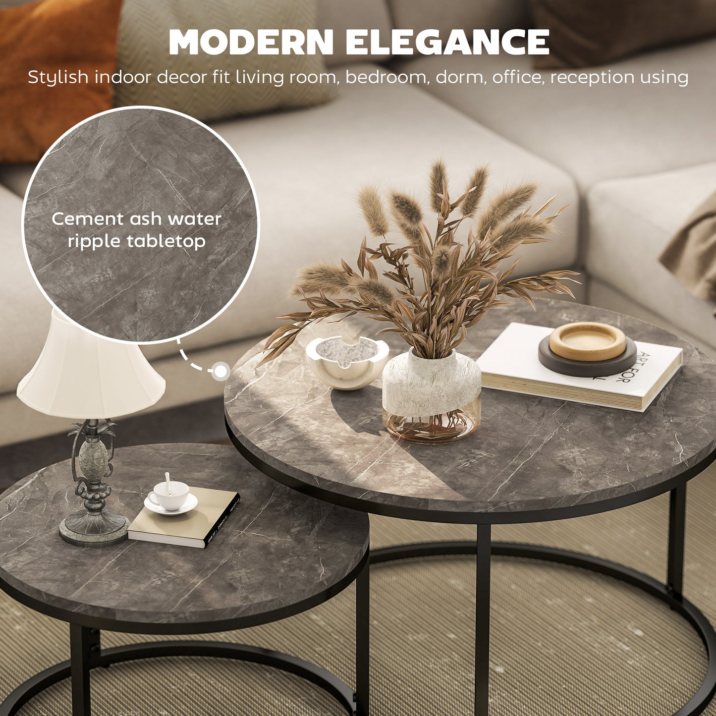 HOMCOM Industrial Nesting Round Coffee Tables Set 2 With Faux Marbled Top And Steel Frame