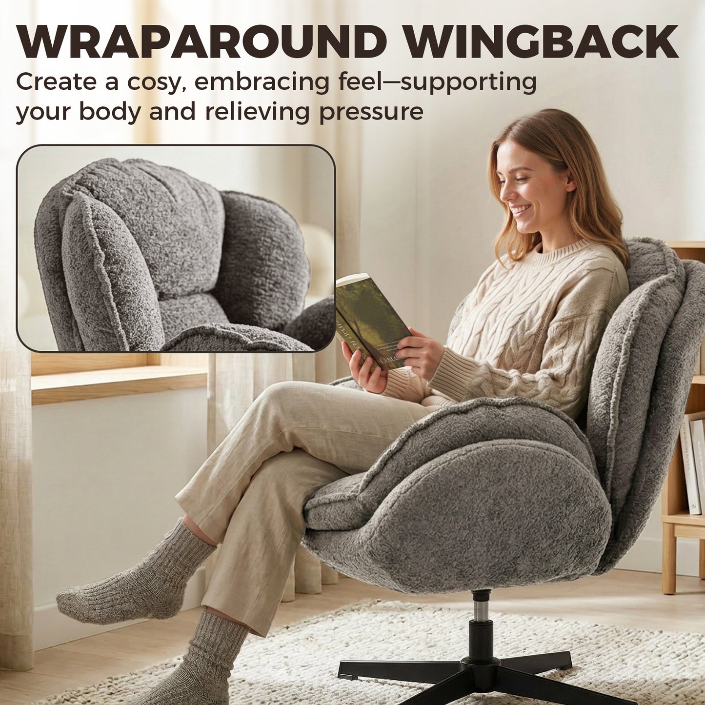 HOMCOM Modern Wingback Velvet Accent Chair with Swivel and Four Star Base in Grey