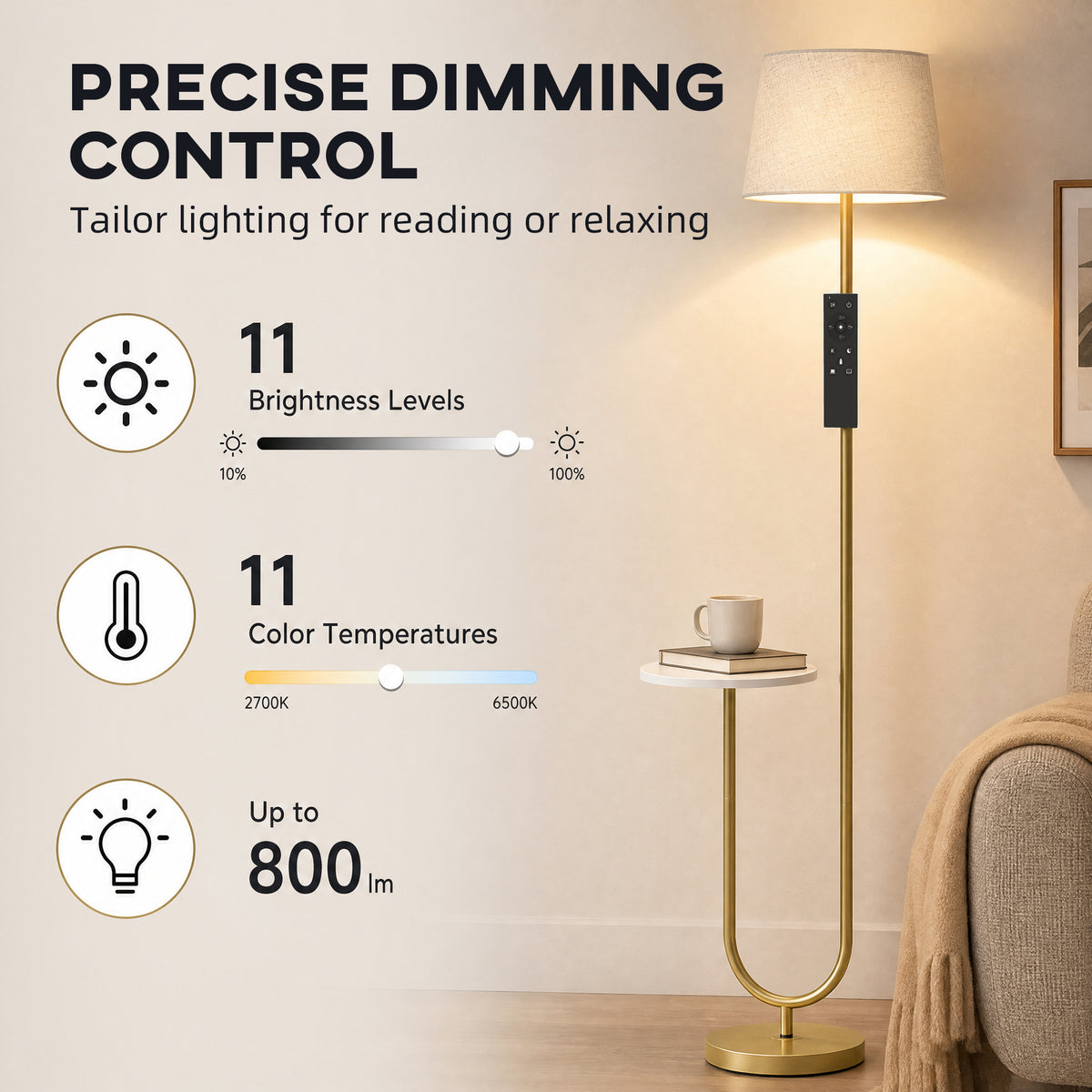 Dimmable floor lamp with linen shade showing brightness levels, color temperatures, and up to 800 lm