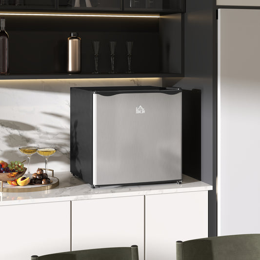 HOMCOM 46 Litre Table Top Mini Fridge with Ice Box Reversible Door Adjustable Temperature and Legs Silver Tone