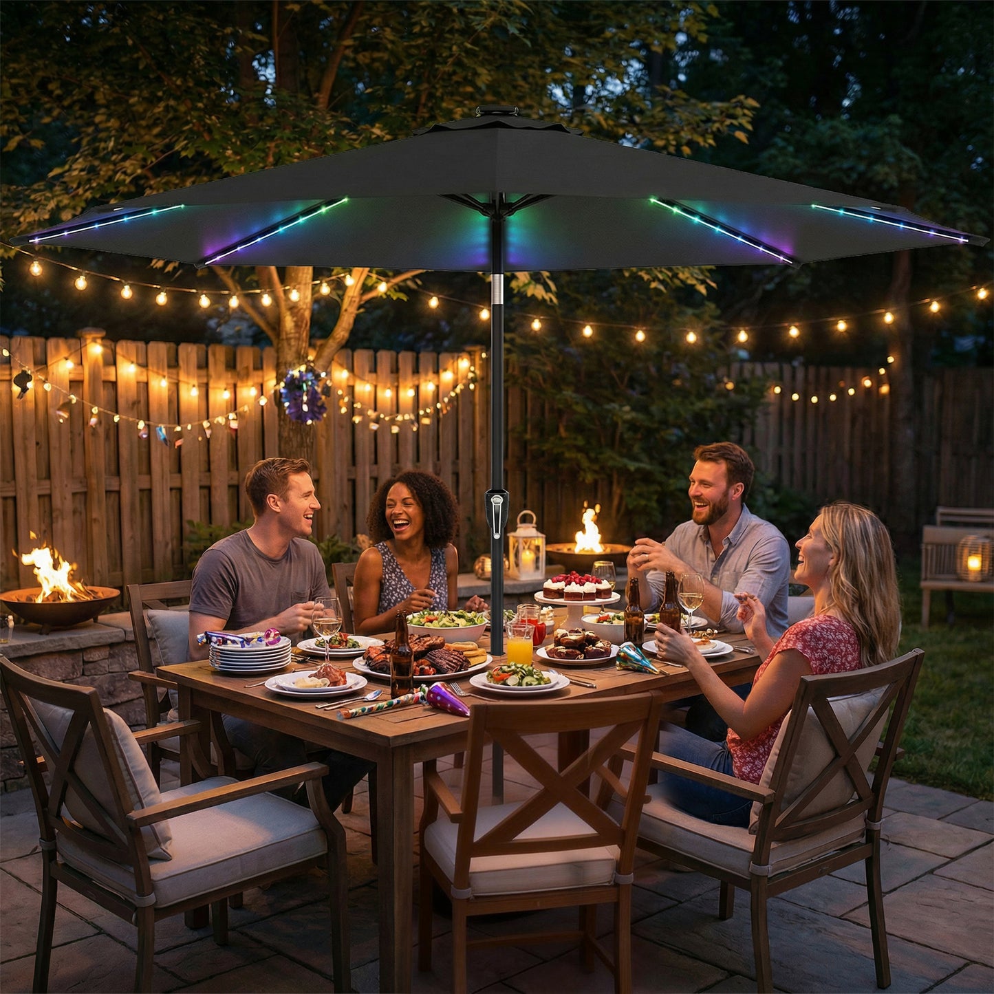 Outsunny 3 m Garden Parasol Umbrella With 112 LED Solar Lights Patio Umbrella With Crank Handle Grey