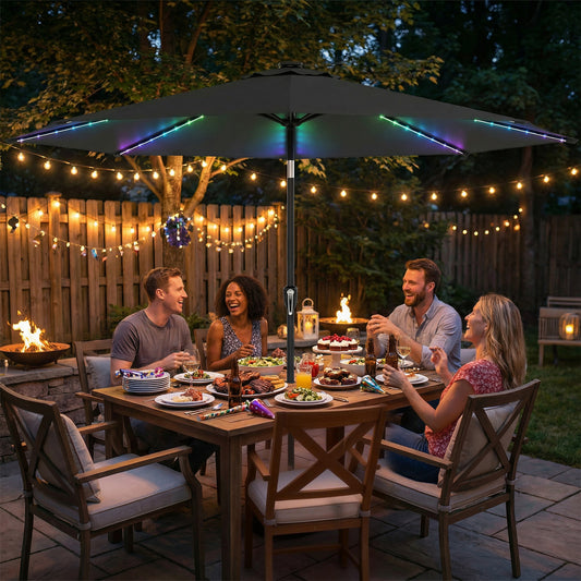 Outsunny 3 m Garden Parasol Umbrella With 112 LED Solar Lights Patio Umbrella With Crank Handle Grey