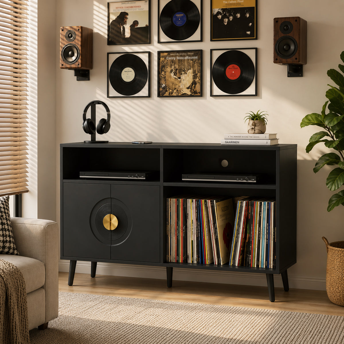 HOMCOM Record Player Stand with Vinyl Storage for 300 Albums and Flip Top