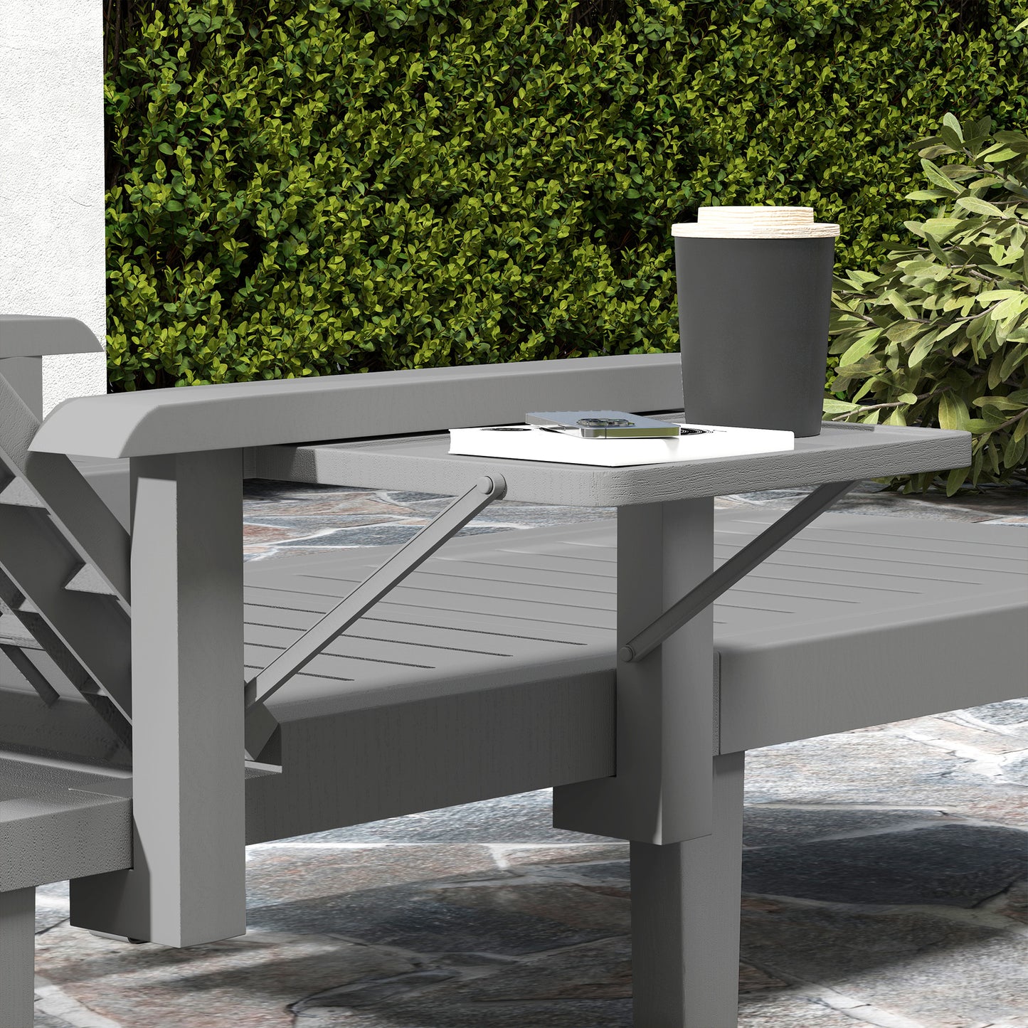 Outsunny 2 Pack Resin Sun Loungers Garden Beach 5 Position Adjustable Wood Grain Surface Foldable Table Dark Grey