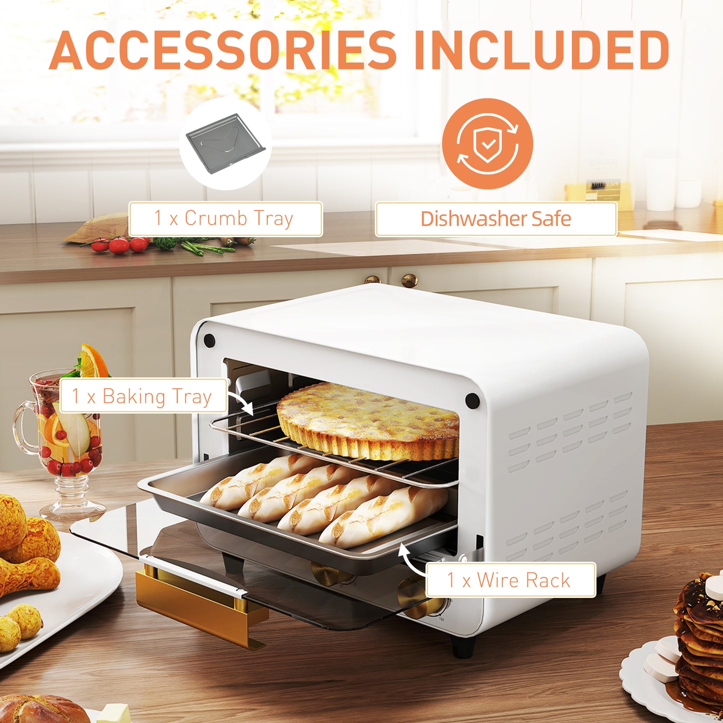 Homcom 12L Multifunction Countertop Toaster Oven With Glass Door 750W Adjustable Temperature And Timer White