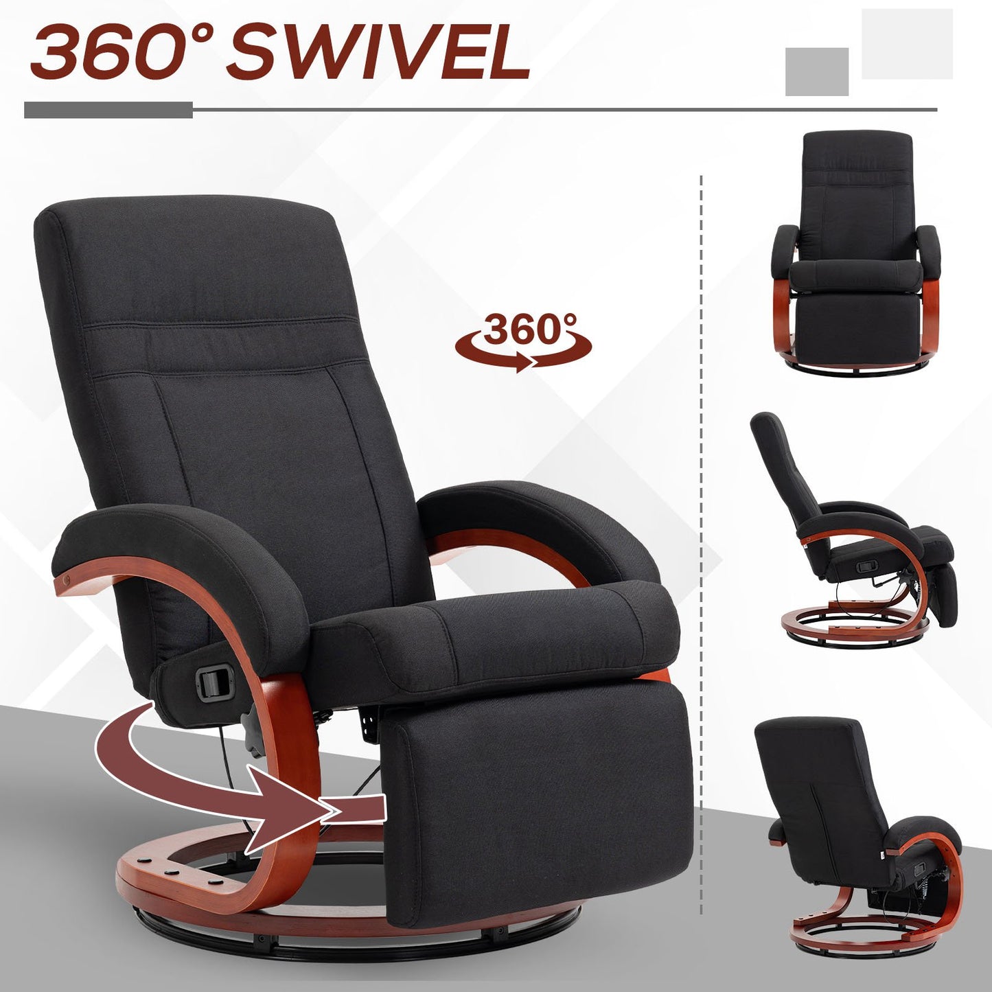 HOMCOM 135 Degree Manual Reclining Swivel Chair With Footrest Black For Office And Living Room