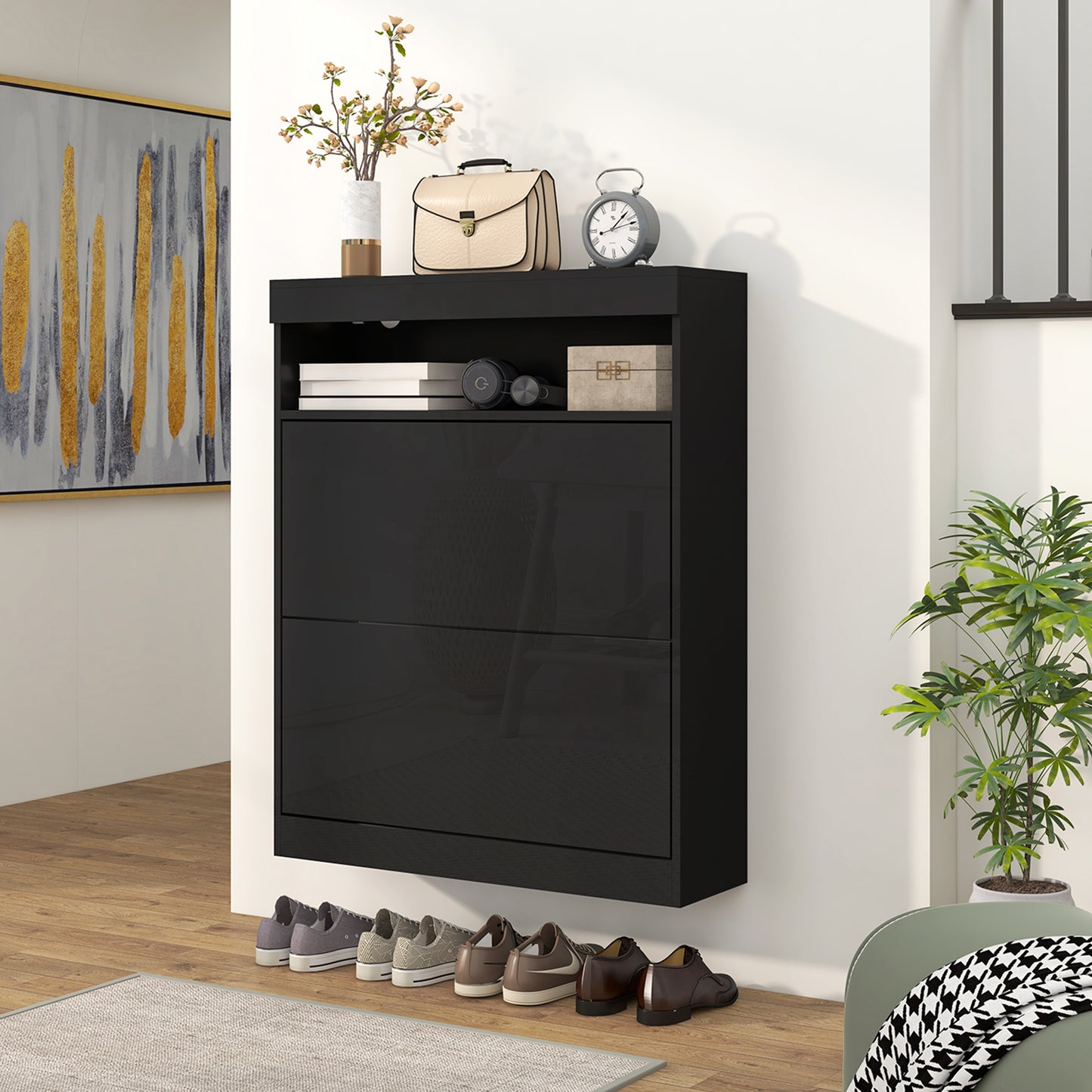 HOMCOM Sleek Black 16-Pair Shoe Storage Cabinet with Adjustable Flip Doors - ALL4U RETAILER LTD