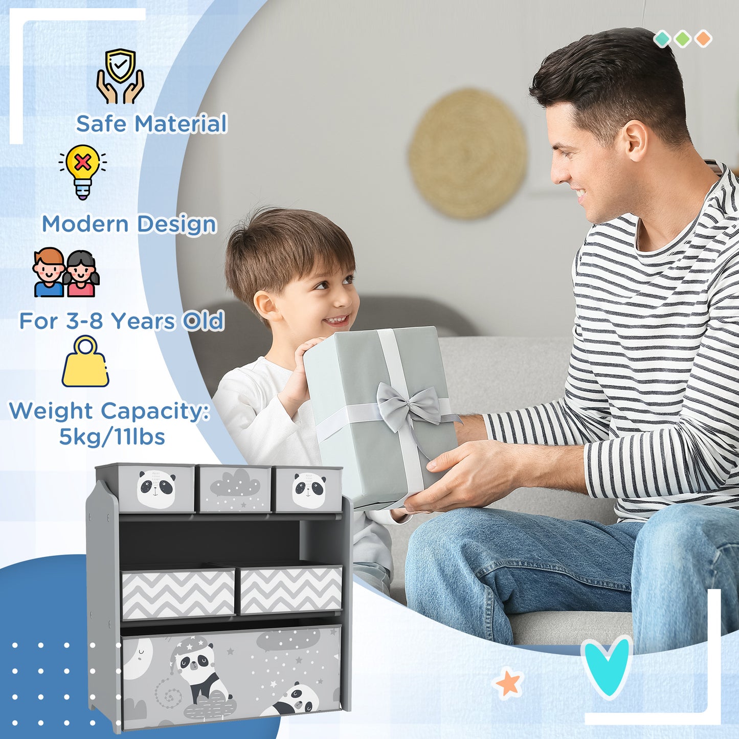 ZoneKiz Kids Storage Unit With Six Fabric Bins For Bedrooms Playrooms And Nurseries Grey