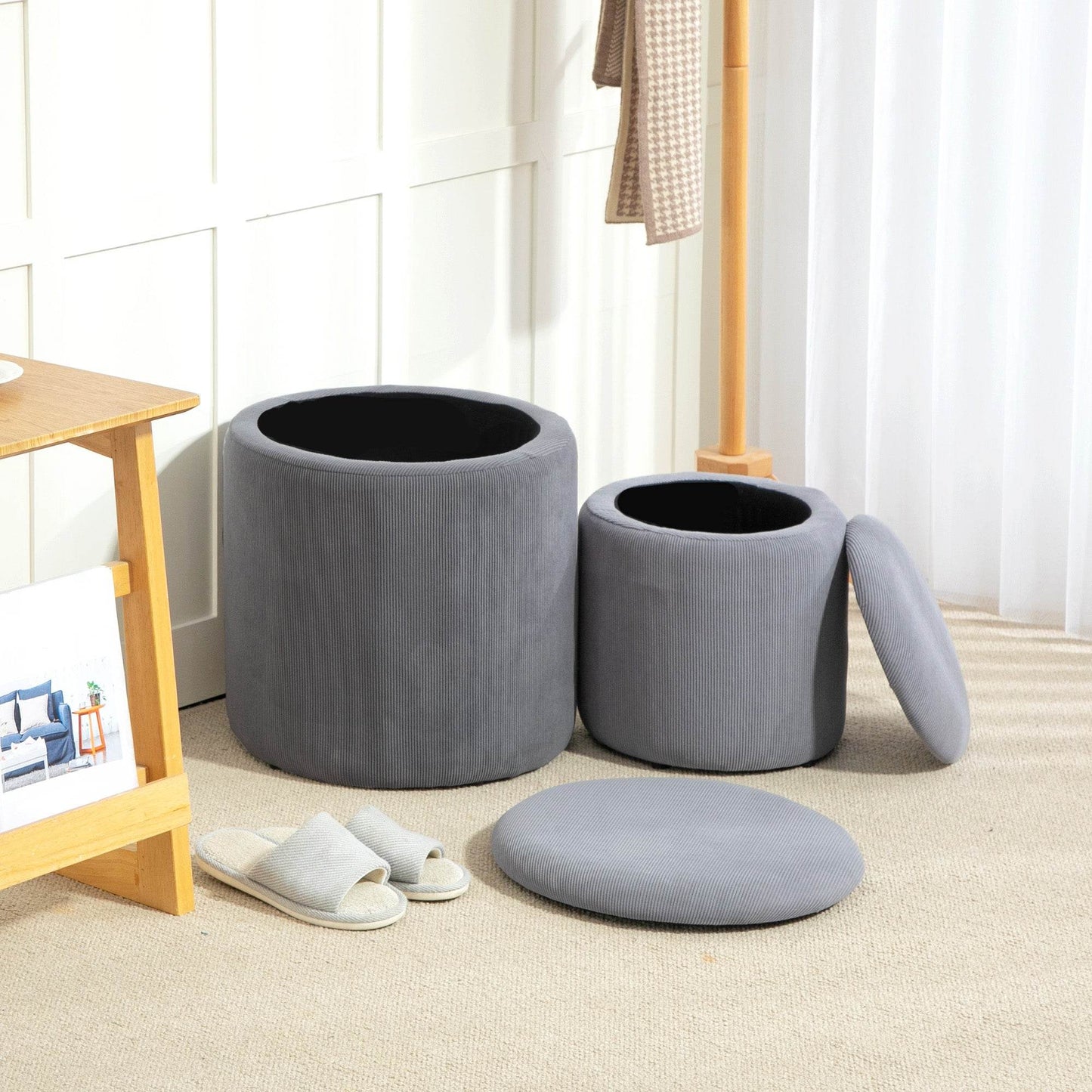 HOMCOM Stylish Nesting Storage Ottomans with Cushioned Tops - Light Grey - ALL4U RETAILER LTD