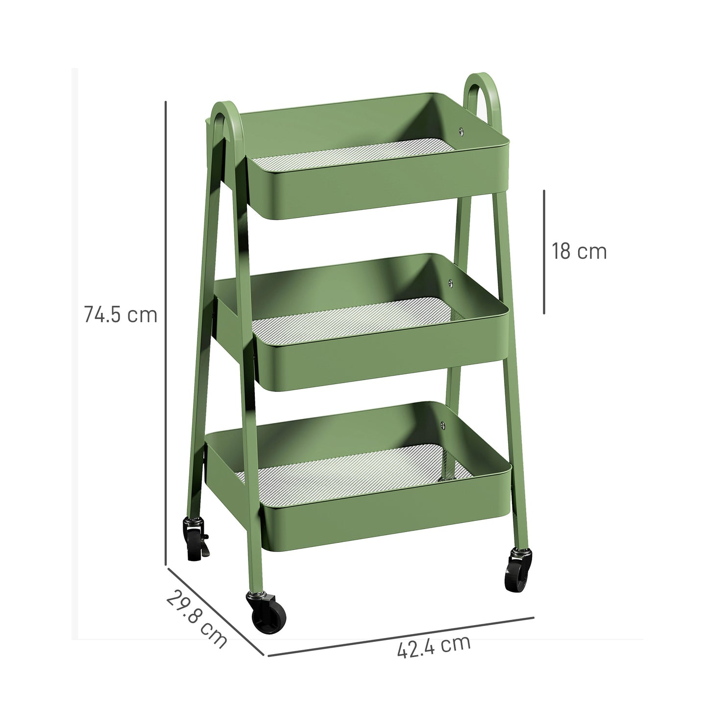 HOMCOM Three Tier Storage Trolley On Wheels With Mesh Trays Four Wheels And Brakes Green