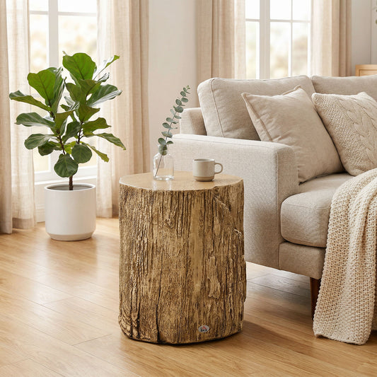 HOMCOM Tree Stump End Table Round Concrete Side Table for Indoor and Outdoor Use Natural Wood Effect