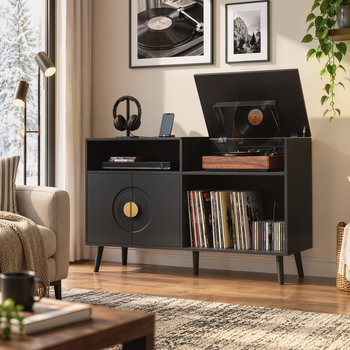 HOMCOM Record Player Stand with Vinyl Storage for 300 Albums and Flip Top