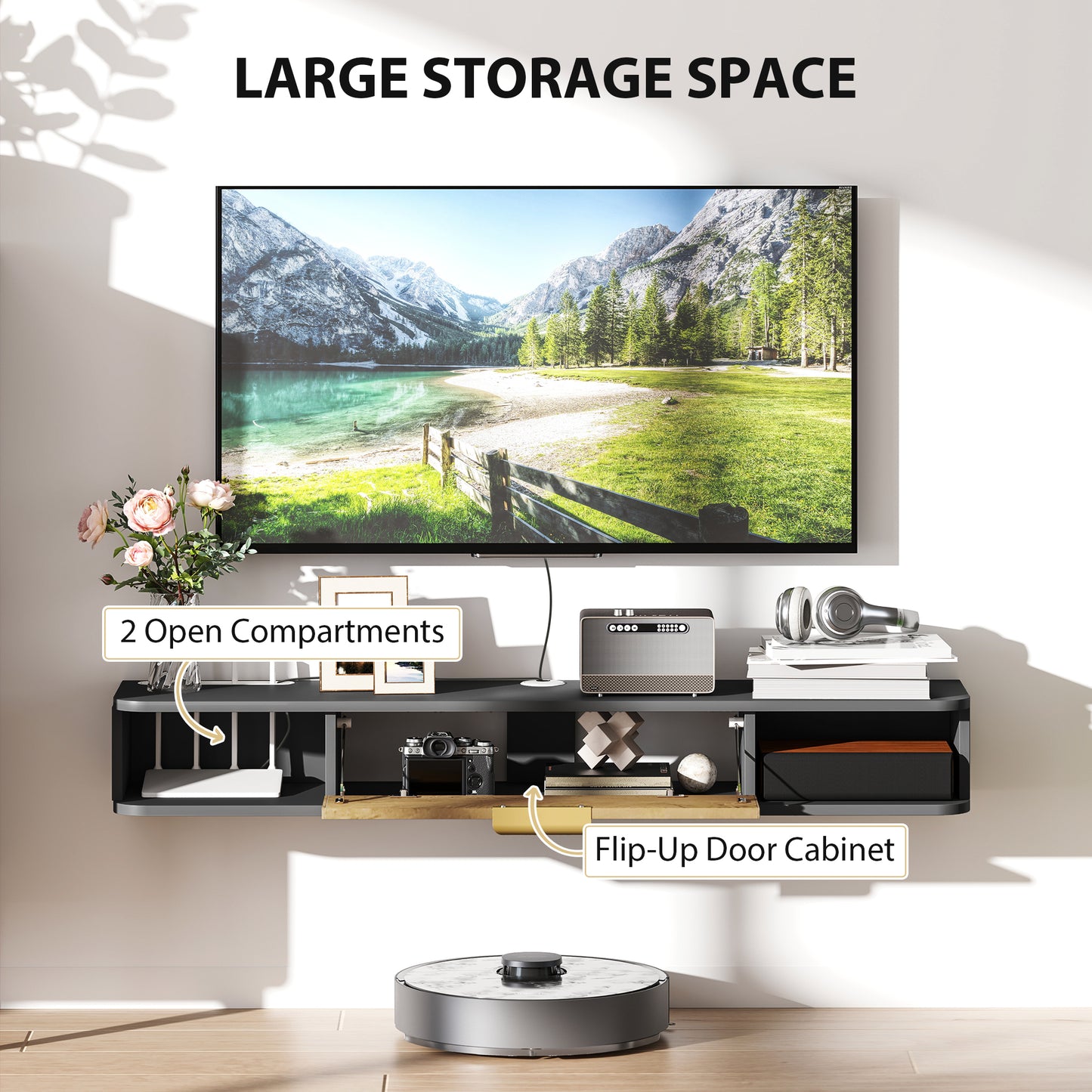 HOMCOM 120 Cm Floating TV Stand With Storage Charcoal Grey Wall Mounted Cable Management Console For Modern Living Rooms