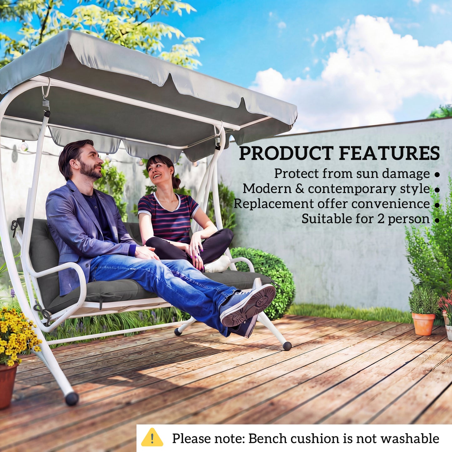 Outsunny 110 X 120 Cm Black Garden Bench Cushion For 2 Seater Swing Chair Indoor Outdoor Use With Ties