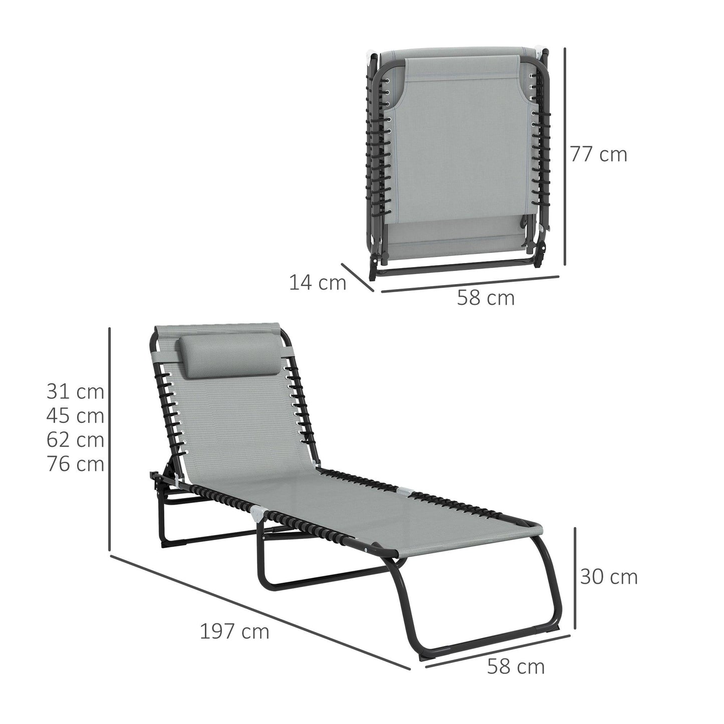 Outsunny Folding Sun Lounger Beach Chaise Chair Garden Cot Camping Recliner with 4 Position Adjustable Light Grey - ALL4U RETAILER LTD