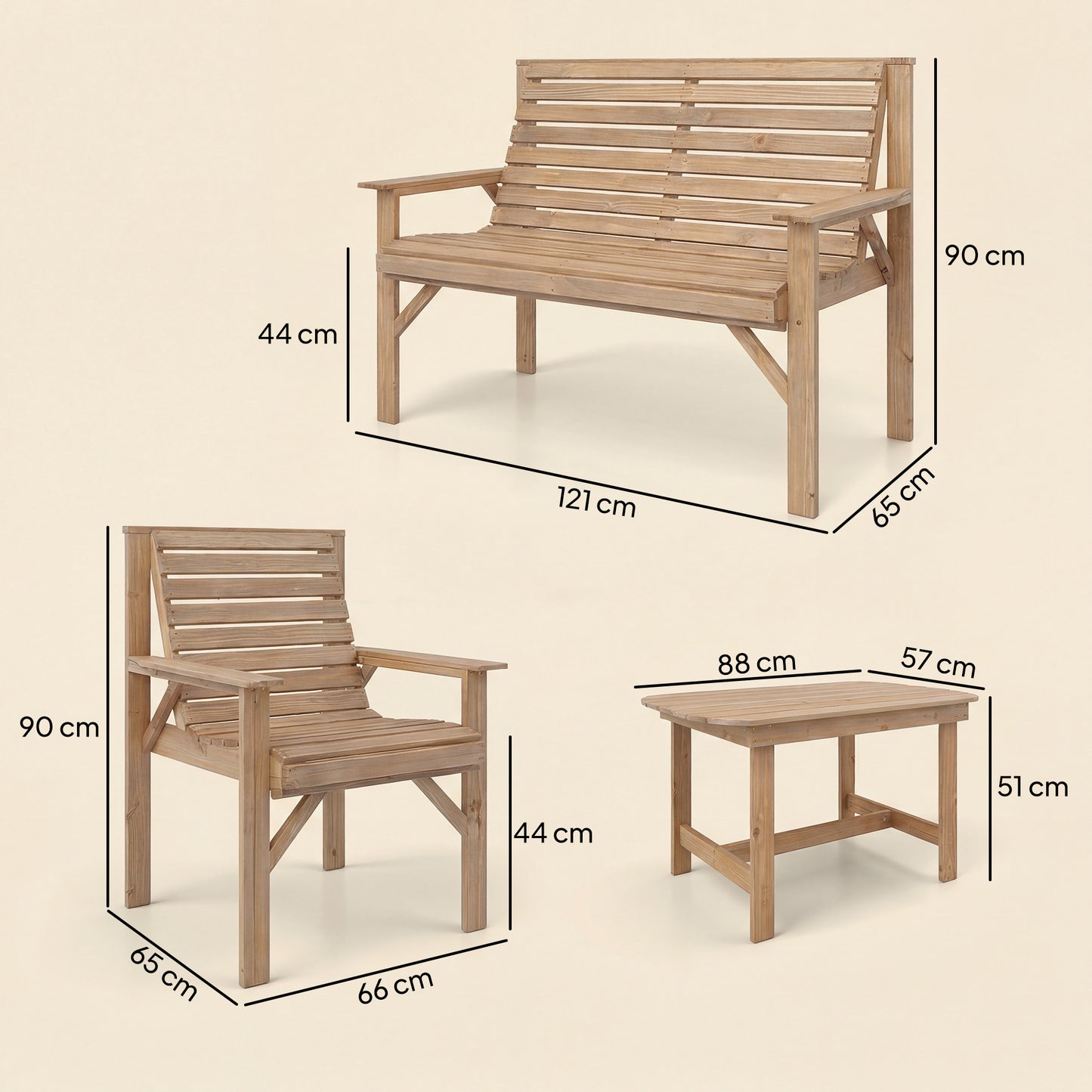 Outsunny 4 Piece Wooden Garden Furniture Set With Two Armchairs Loveseat And Coffee Table Natural Wood Finish