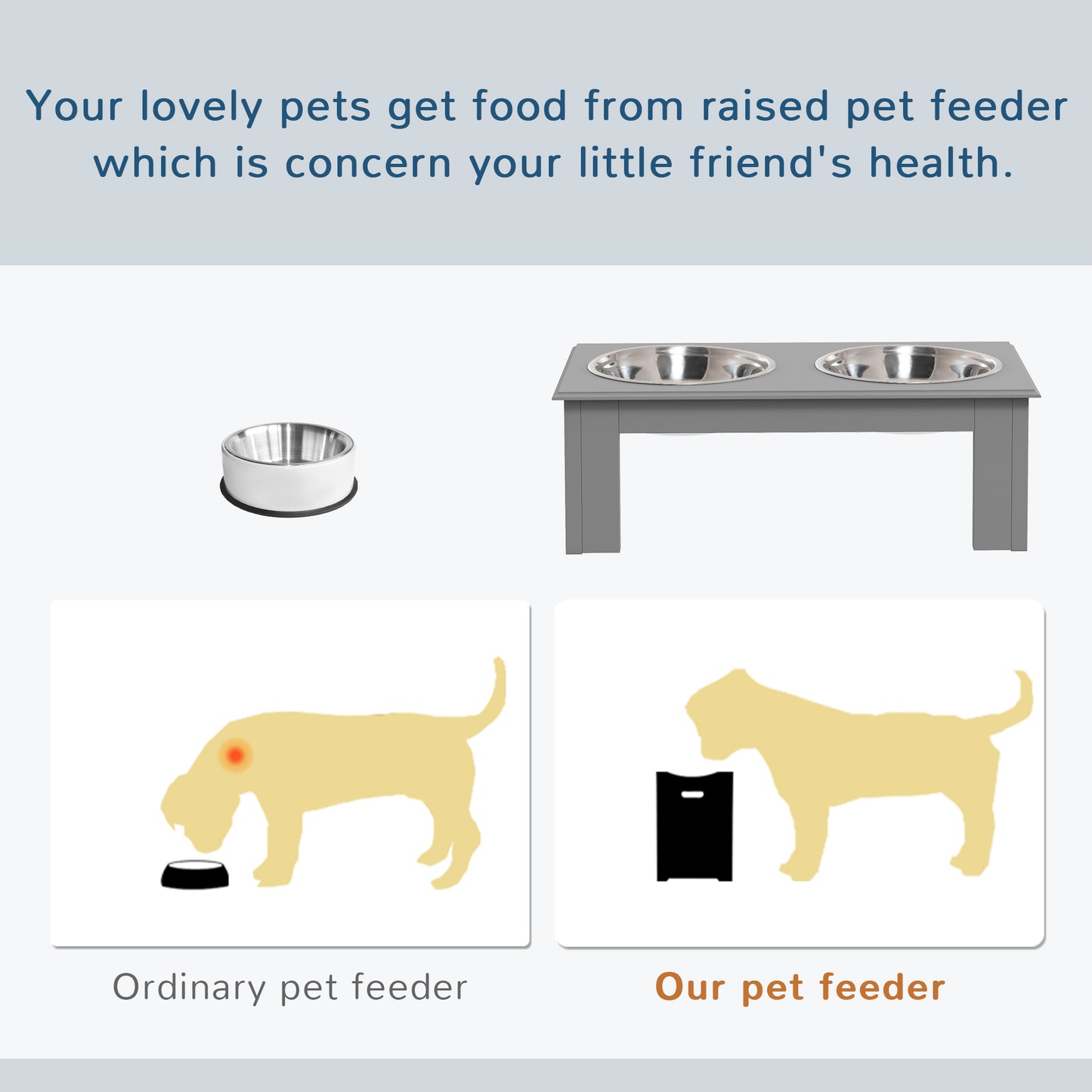 PawHut Elevated Stainless Steel Dog Feeding Station with Dual Bowls for Small Breeds - Grey - ALL4U RETAILER LTD