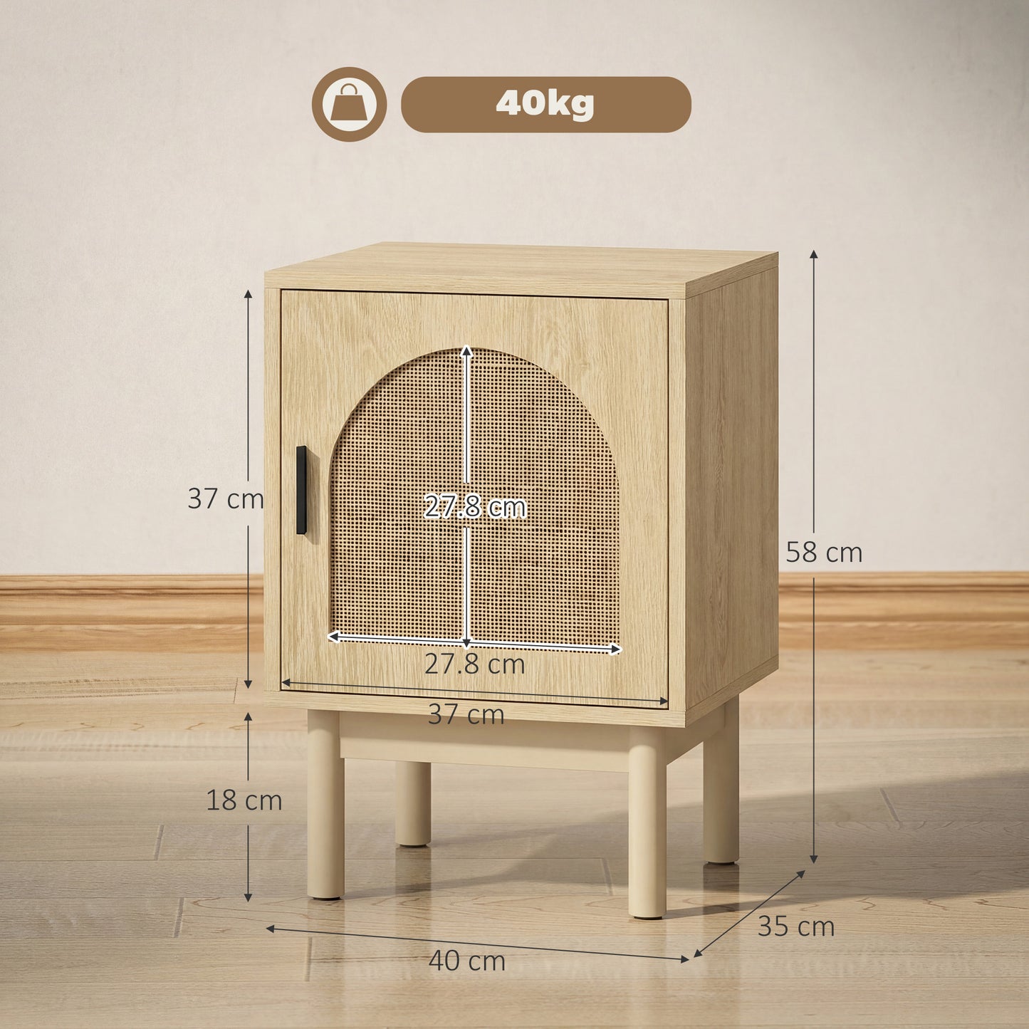 HOMCOM Rattan Bedside Table For Bedroom Natural Wood Arch Rattan Door Two Tier Design With Adjustable Shelving