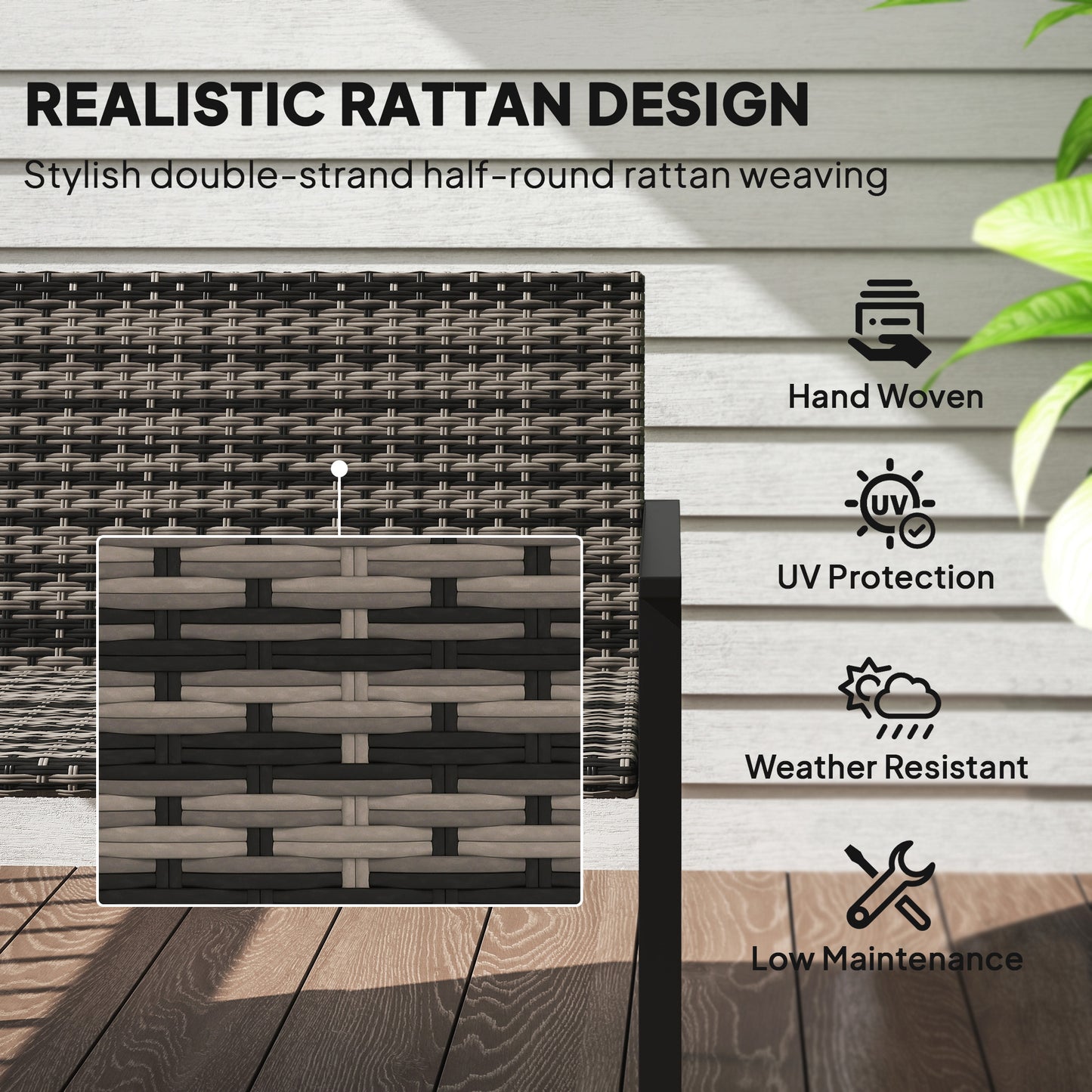 Outsunny Two Seater Rattan Garden Bench Mixed Grey Weather Resistant Steel Frame With Quick Dry Padding