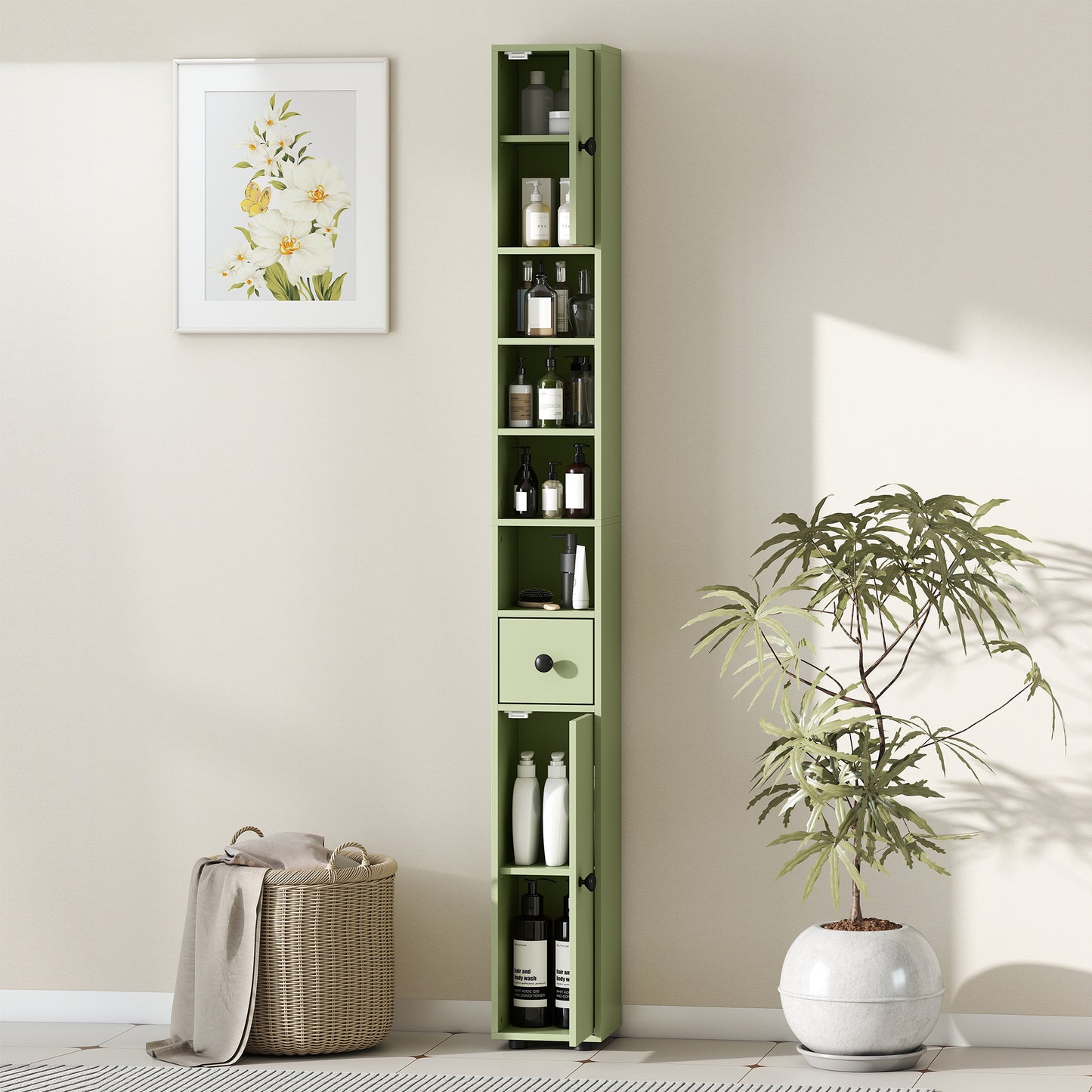 Kleankin 180cm Slim Bathroom Cabinet With Drawer Shelves And Cupboards For Tall Narrow Storage Green