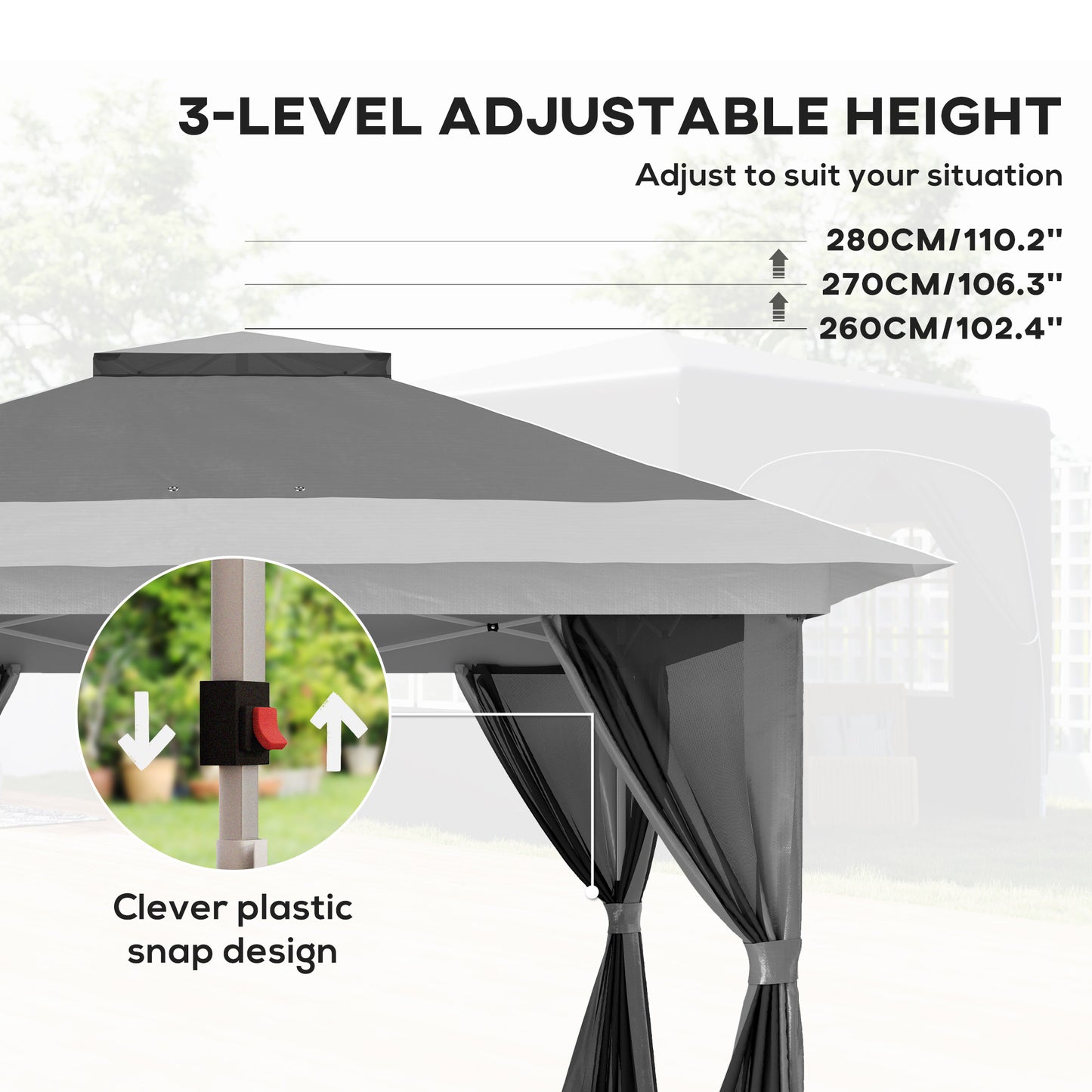 Outsunny 3.6x3.6m Pop Up Gazebo With Accessories UPF50 Canopy Removable Mesh Lining Adjustable Height 260 To 280cm Grey