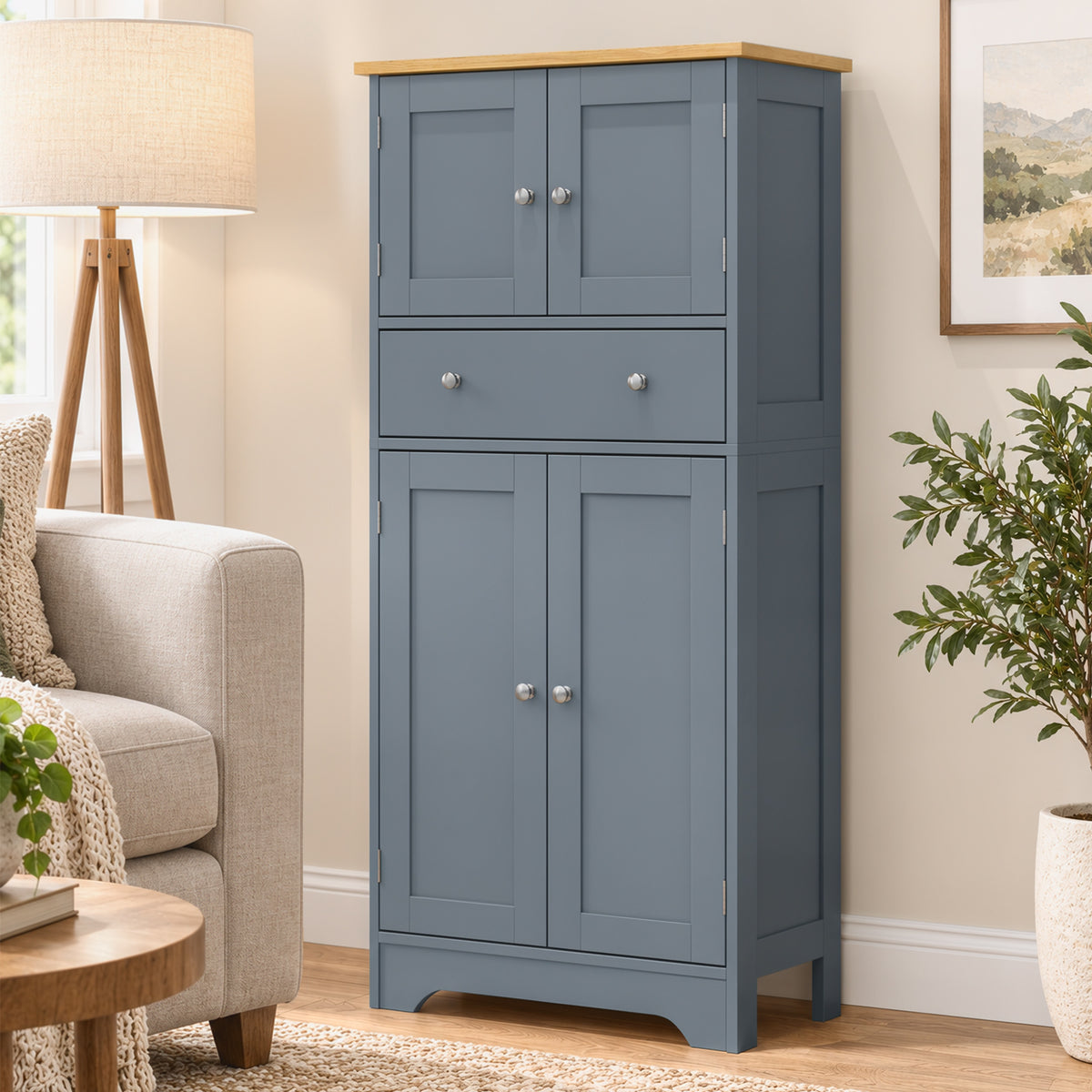 HOMCOM Grey Blue Freestanding Kitchen Cabinet With Doors Drawer And Shelves