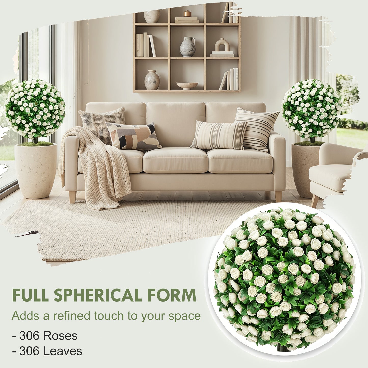 HOMCOM Artificial Rose Topiary UV Resistant 2 Pack Outdoor Garden Decor 55 cm White