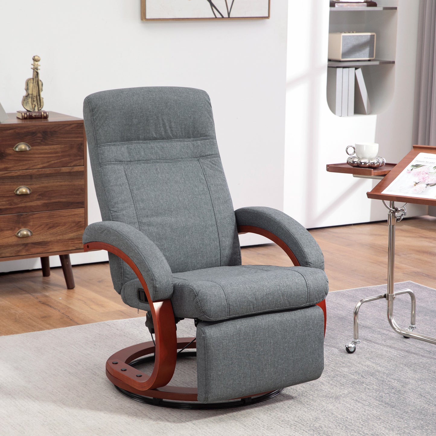 HOMCOM 135 Degree Manual Reclining Swivel Chair With Footrest Grey High Back Ergonomic Armrests Cushioned Seat