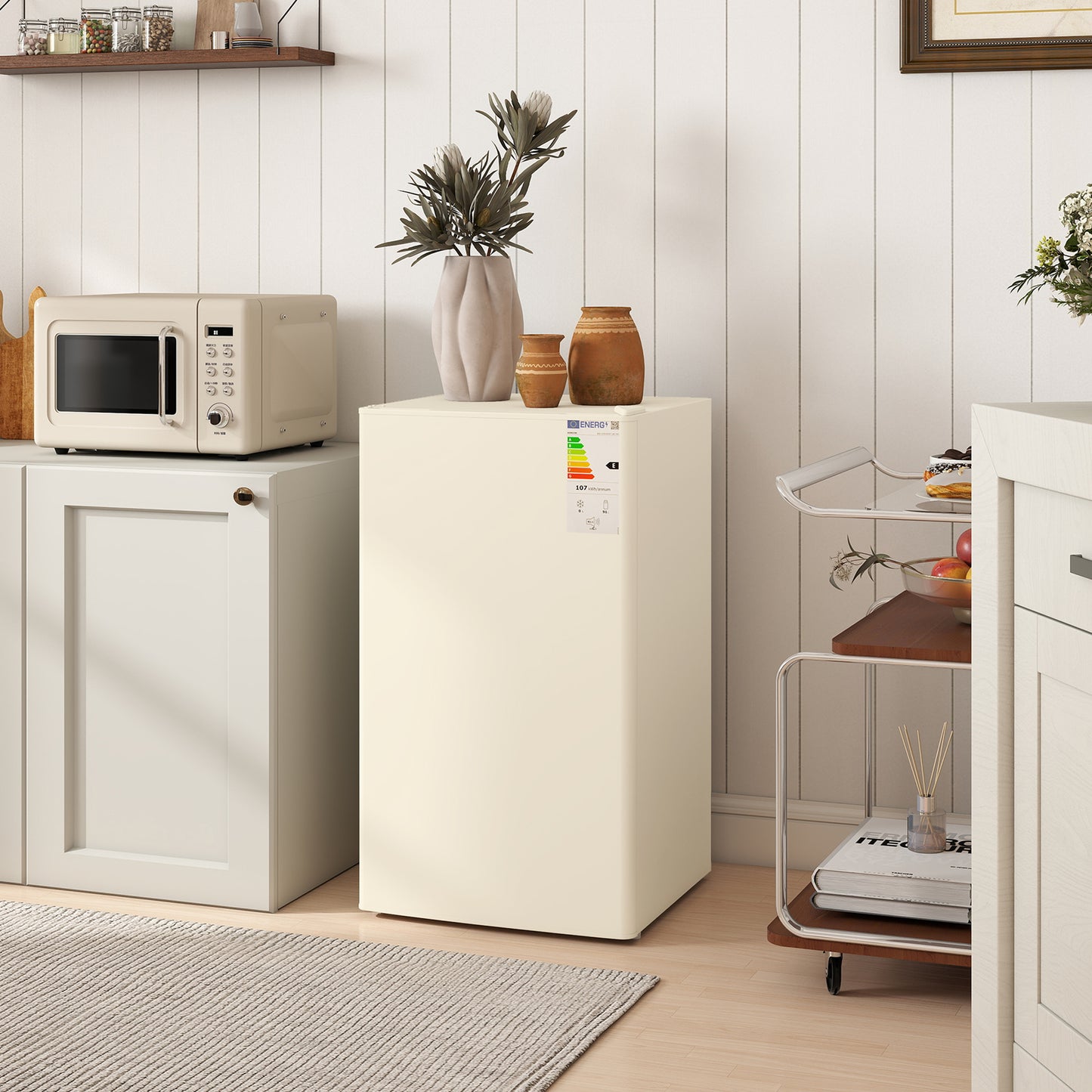 HOMCOM 91L Beige Under Counter Fridge with Chiller Box, Removable Shelf, Reversible Door, Adjustable Legs
